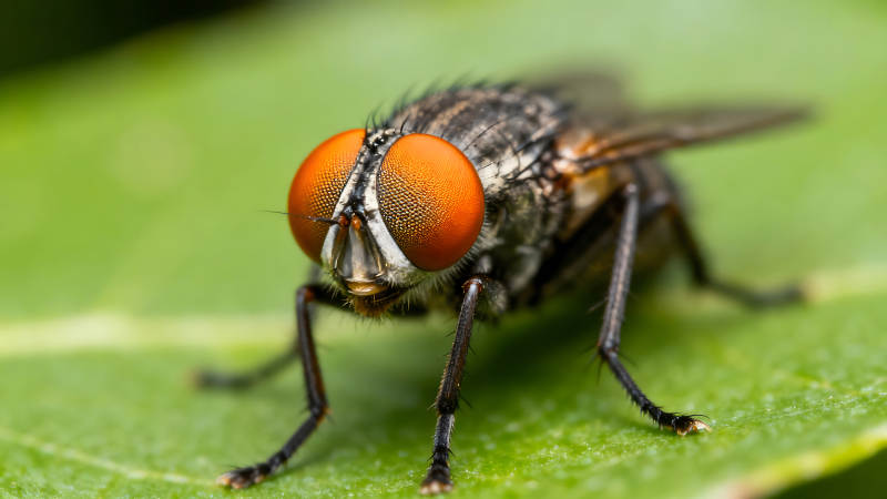 特写苍蝇在绿叶上眼睛炯炯有神-图片