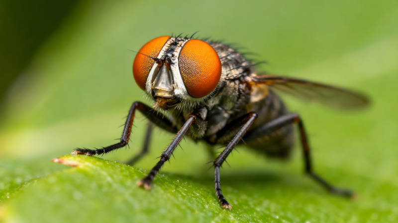 一只苍蝇在绿叶上特写镜头-图片
