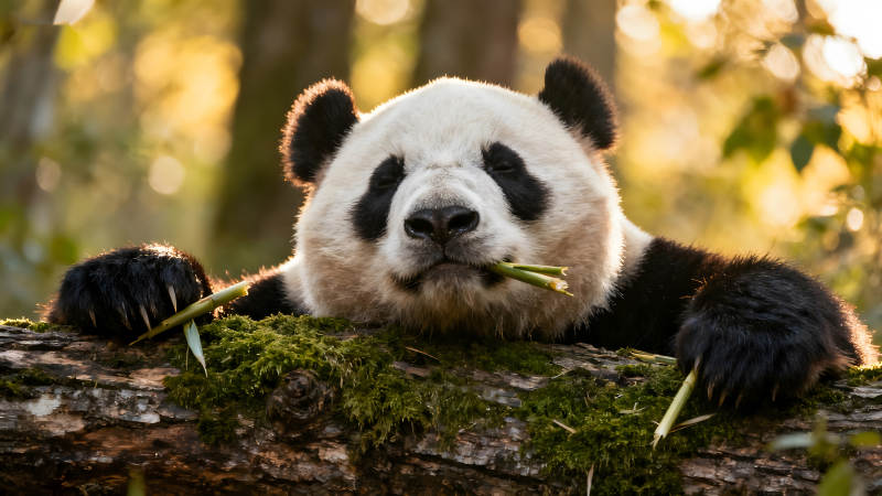 憨態(tài)可掬的熊貓正在啃食竹子-圖片