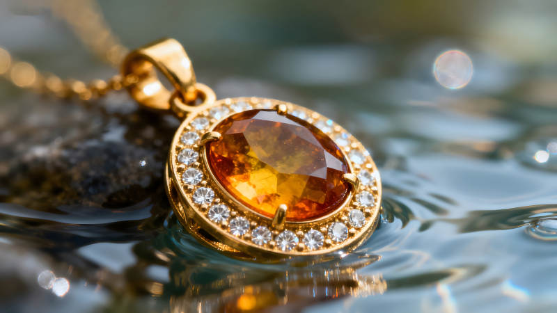 金色寶石項鏈在水中精致璀璨-圖片