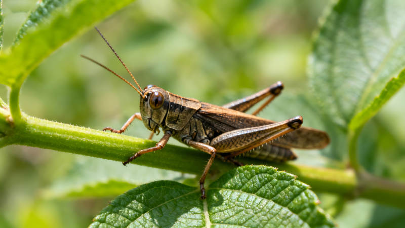 草蜢趴在綠色植物上特寫(xiě)-圖片