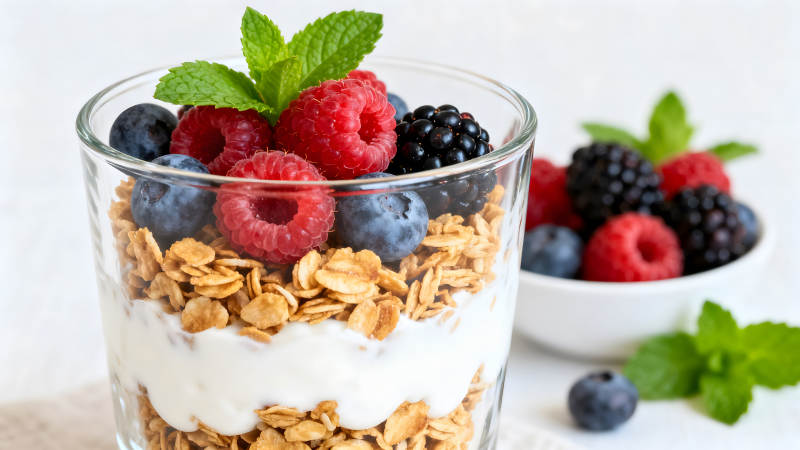 美味的漿果酸奶麥片早餐特寫鏡頭-圖片