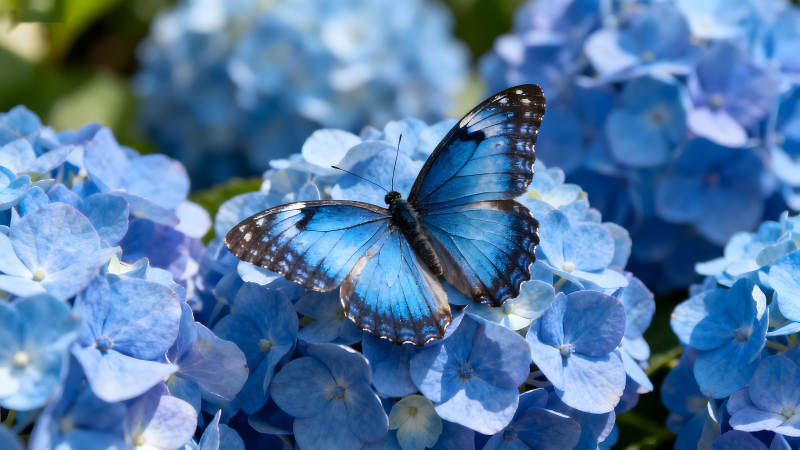 藍蝴蝶棲息藍繡球花上-圖片