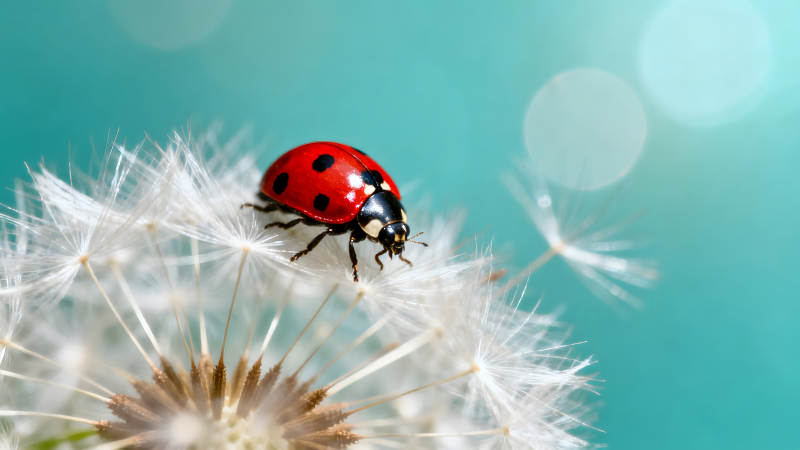 瓢蟲棲息蒲公英-圖片