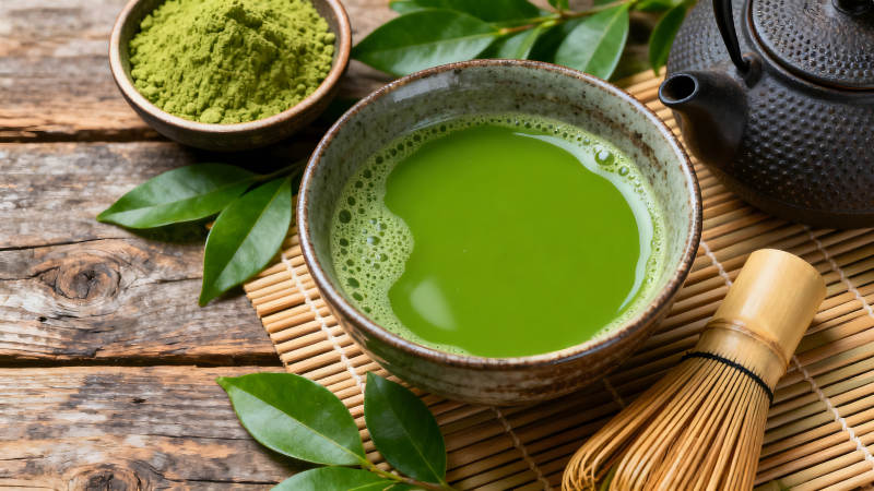 抹茶茶具特寫綠意盎然-圖片