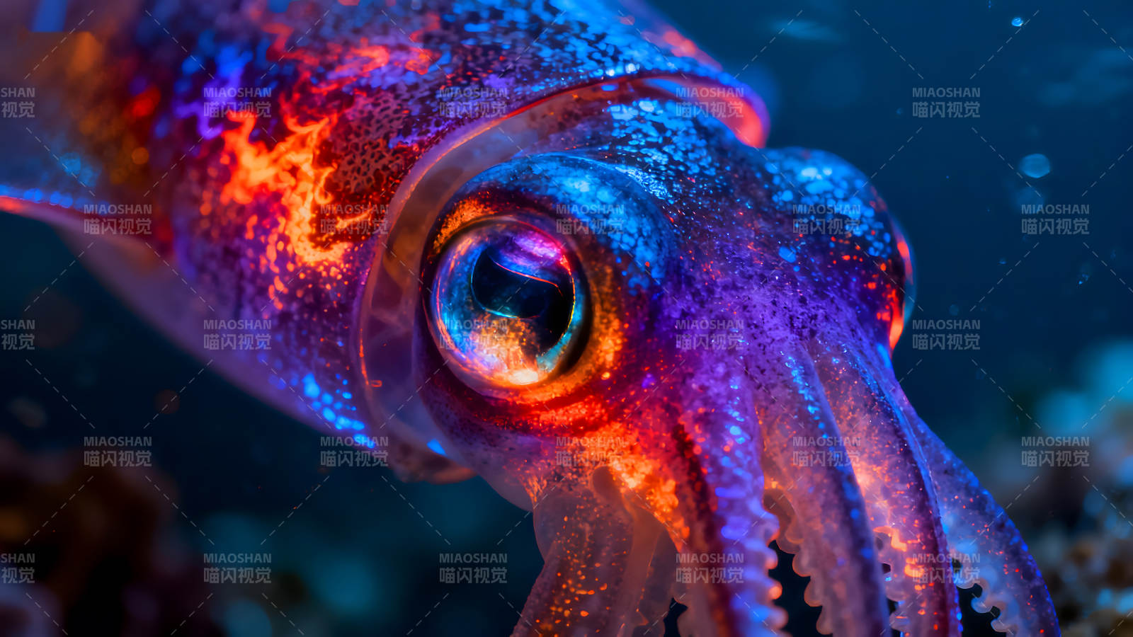 發光魷魚的特寫鏡頭水下生物絢麗色彩-圖片