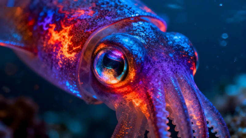 發光魷魚的特寫鏡頭水下生物絢麗色彩-圖片