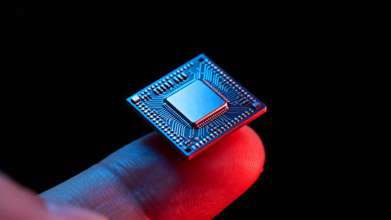 芯片被手指托起黑色背景-圖片