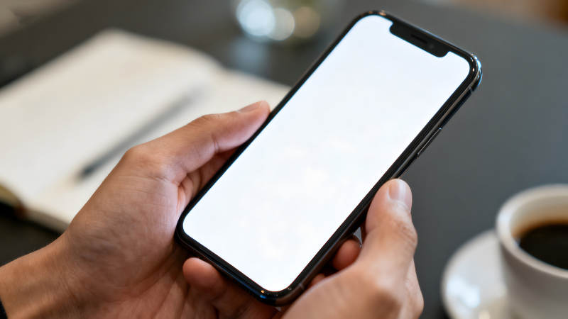 双手持手机屏幕空白的特写-图片