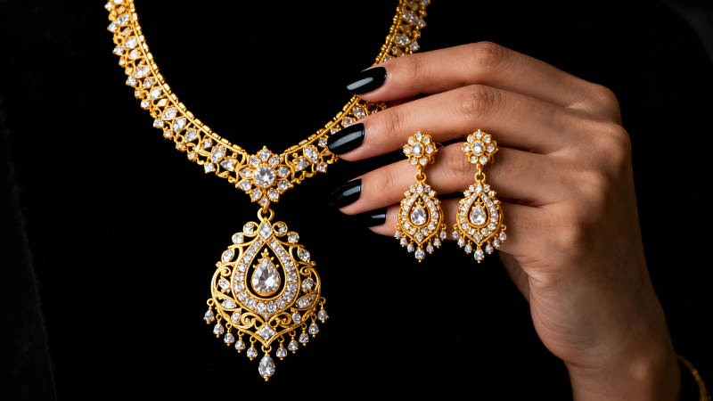 华丽的黄金珠宝首饰搭配黑色美甲-图片