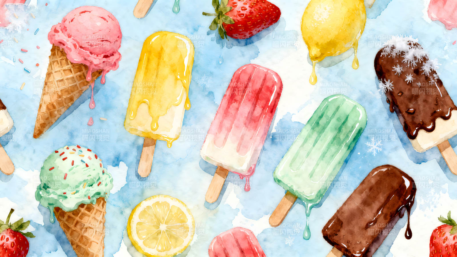 夏日冰淇淋和冰棍的可爱水彩画-图片