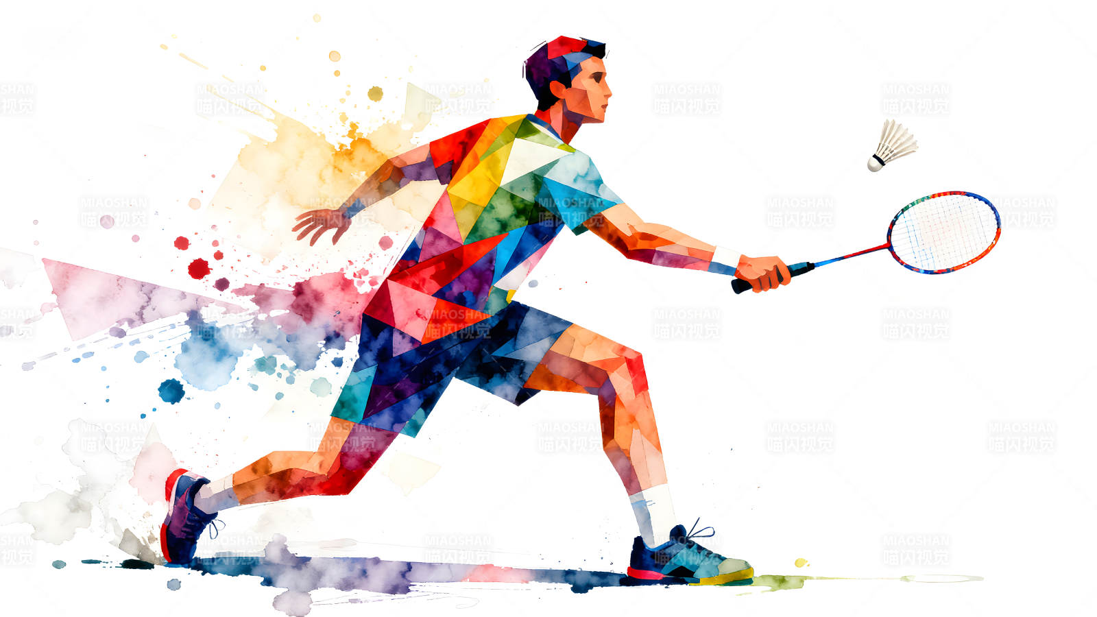 羽毛球運(yùn)動(dòng)員比賽瞬間水彩畫-圖片