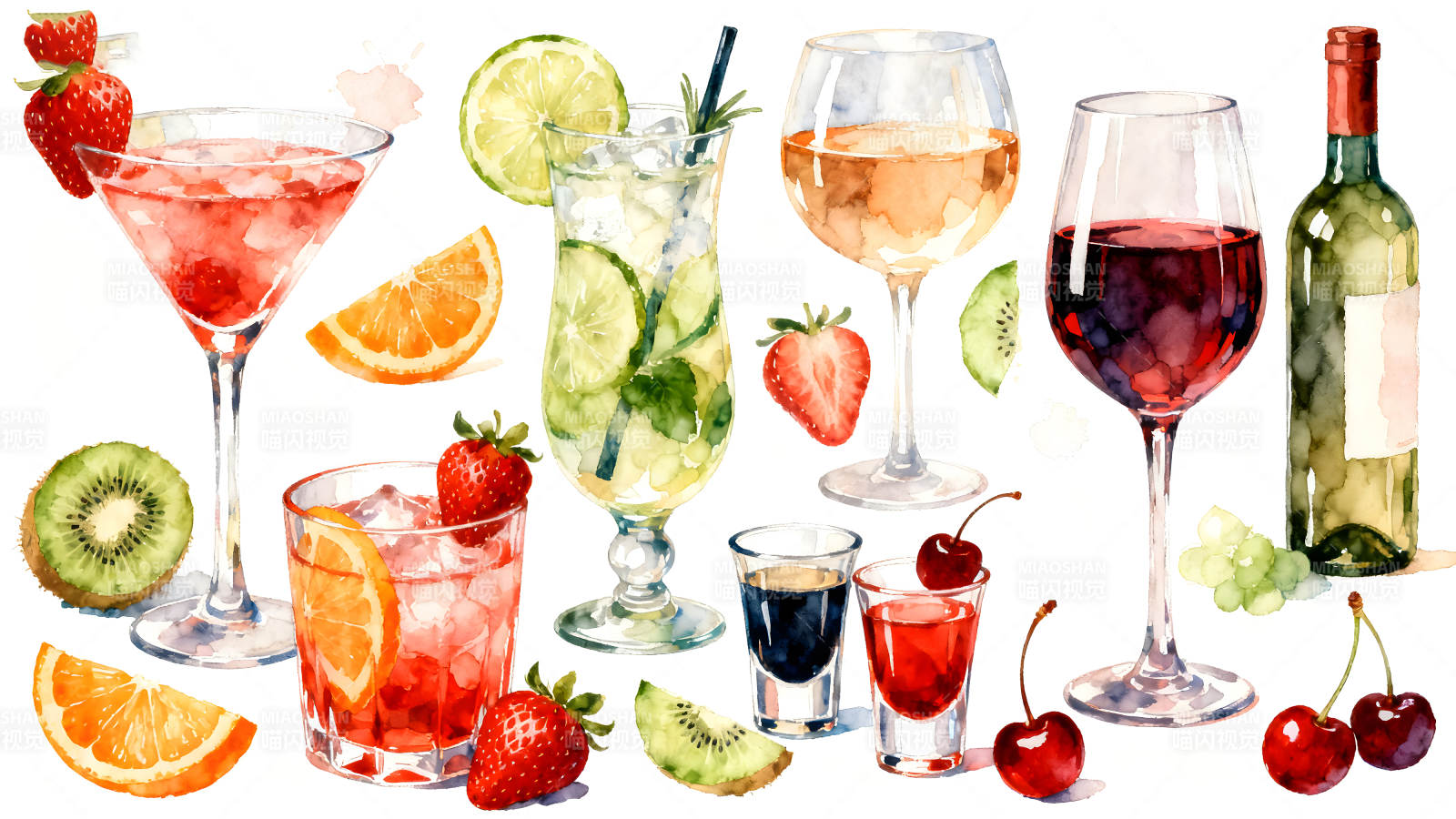 水彩风格饮品集合-图片