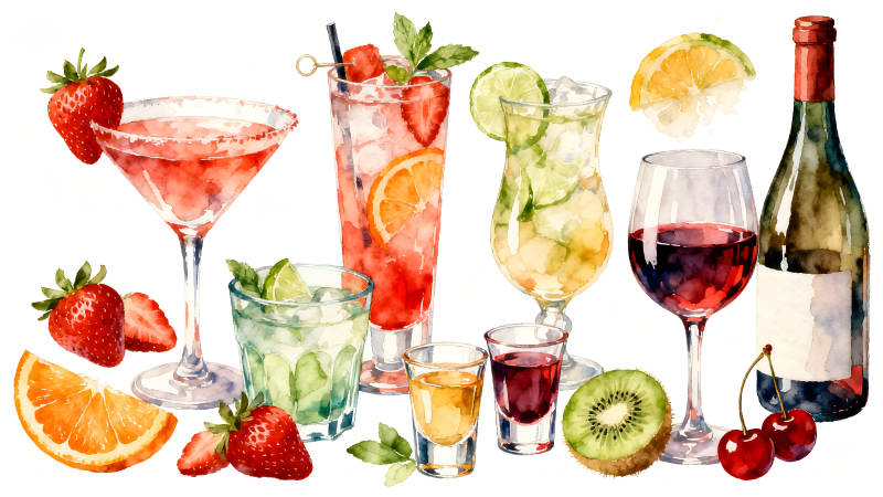 水彩飲料水果組合-圖片