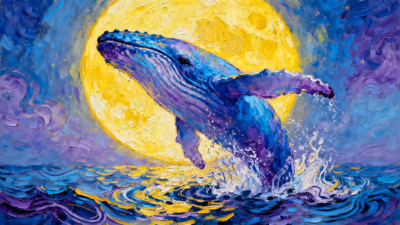 鲸鱼跃出海面明月高悬油画-图片