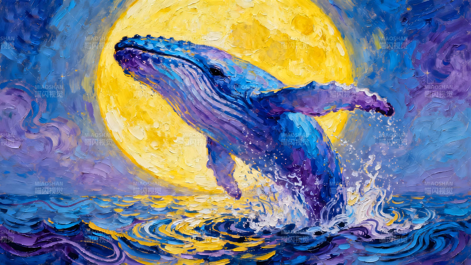 鲸鱼跃出海面明月高悬油画-图片