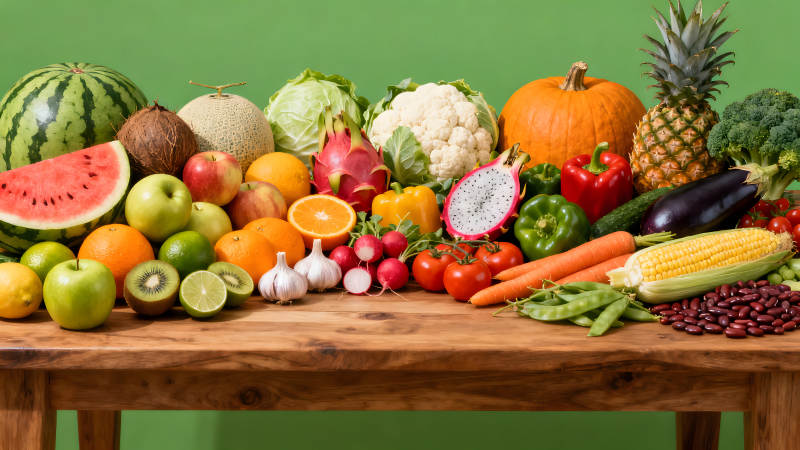 各种蔬菜水果摆放在木桌上-图片