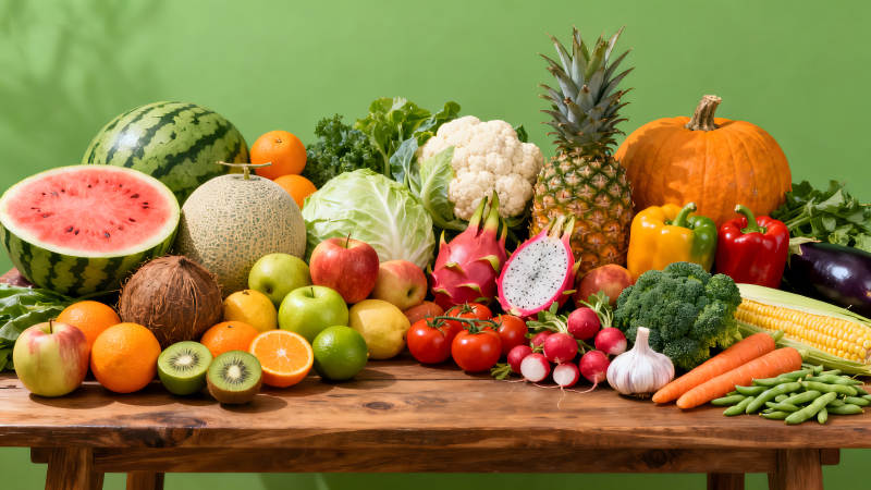 多种水果蔬菜的堆放图-图片