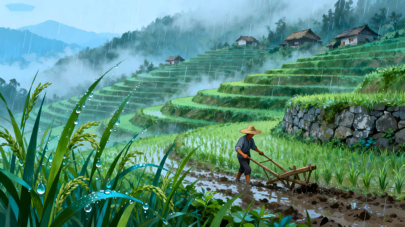 梯田耕耘雨中勞作景象-圖片