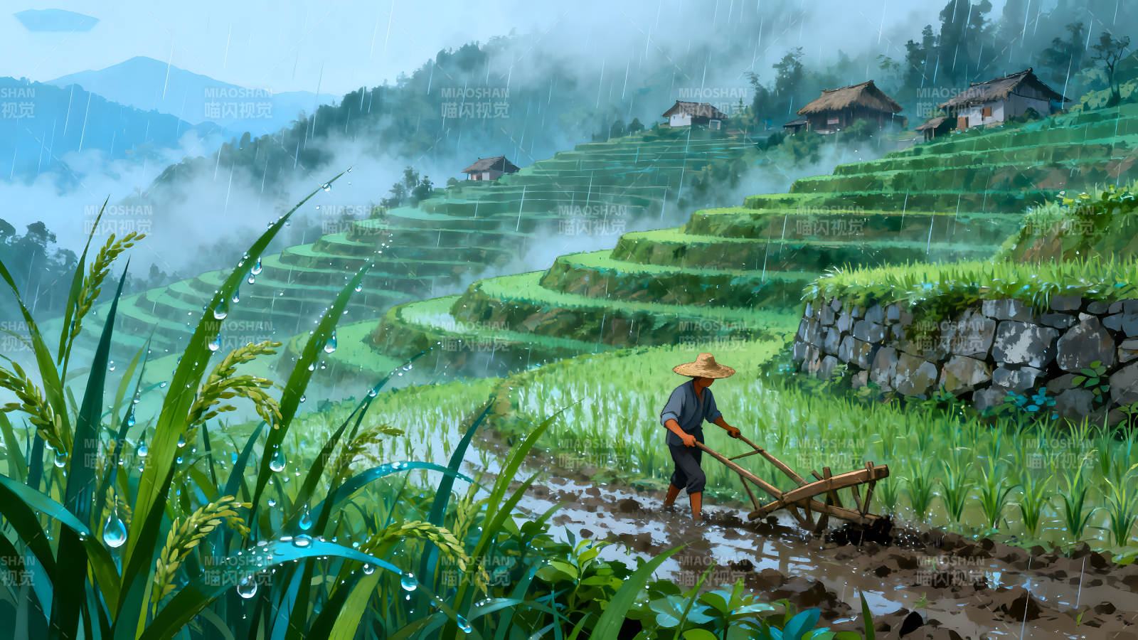 梯田耕耘雨中勞作景象-圖片