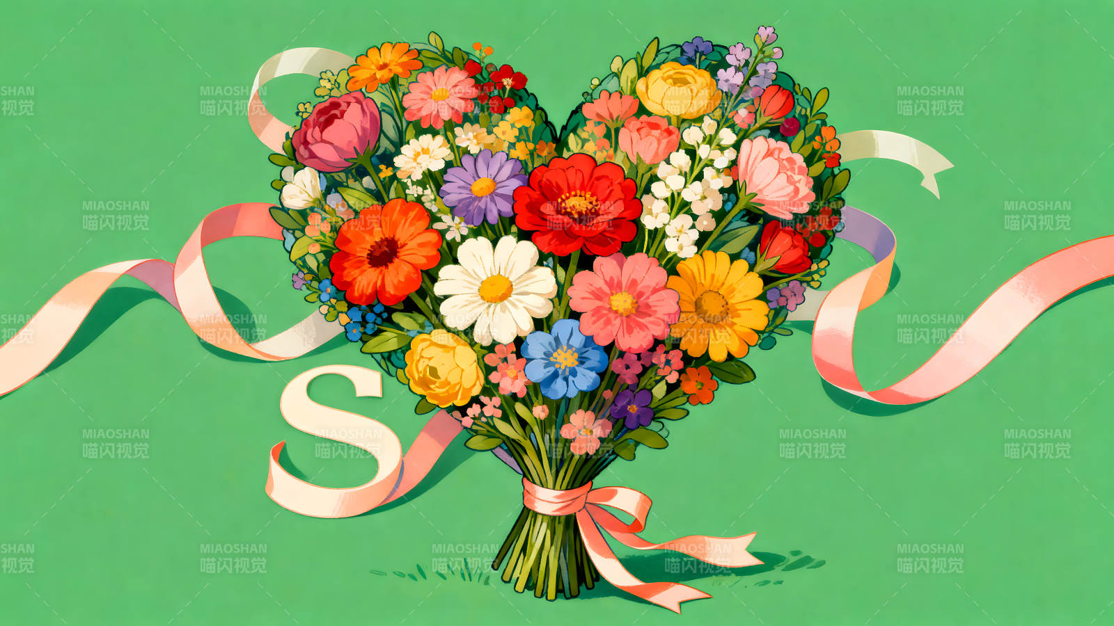 花束心形背景绿色飘带字母S-图片