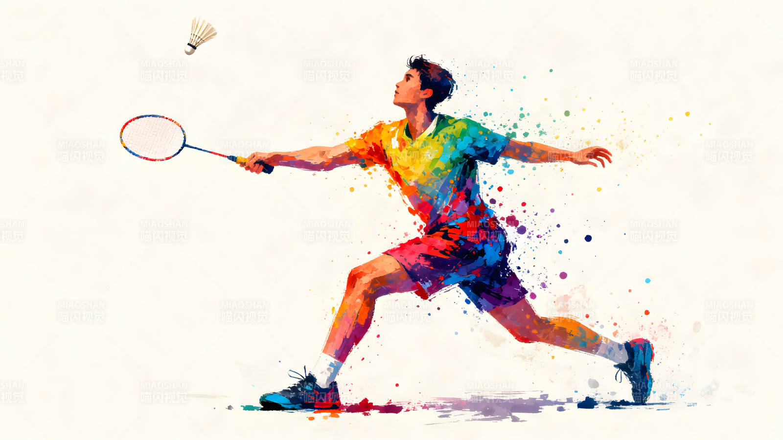 羽毛球选手挥拍瞬间水彩风格-图片