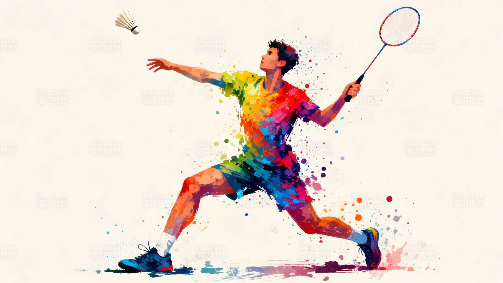 羽毛球运动员挥拍击球瞬间彩绘-图片