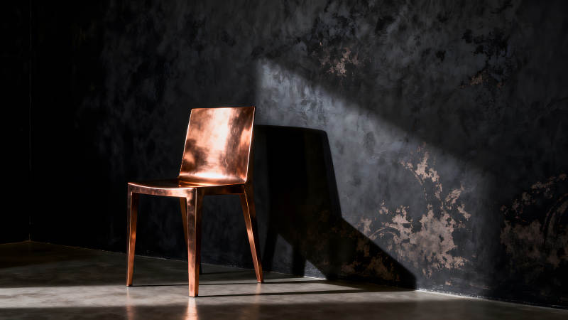 銅制椅子佇立在黑色背景下-圖片