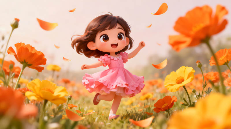 小女孩在花海中奔跑飞舞-图片