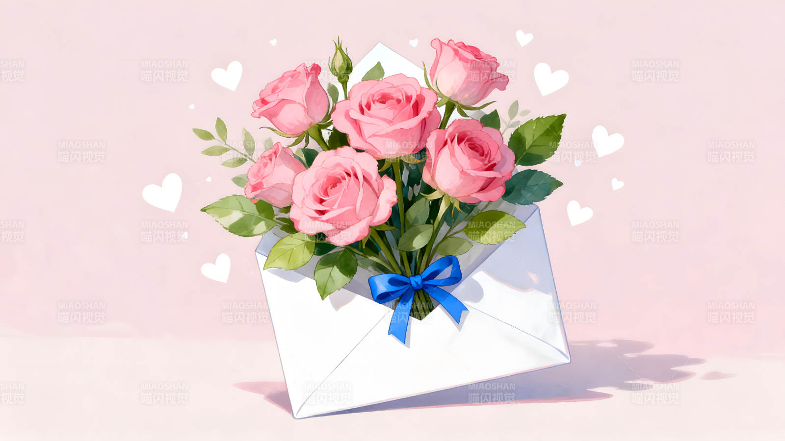 粉色玫瑰信封插画温馨浪漫-图片