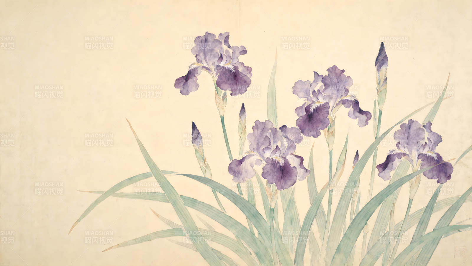 水墨紫鸢花盛开画作-图片