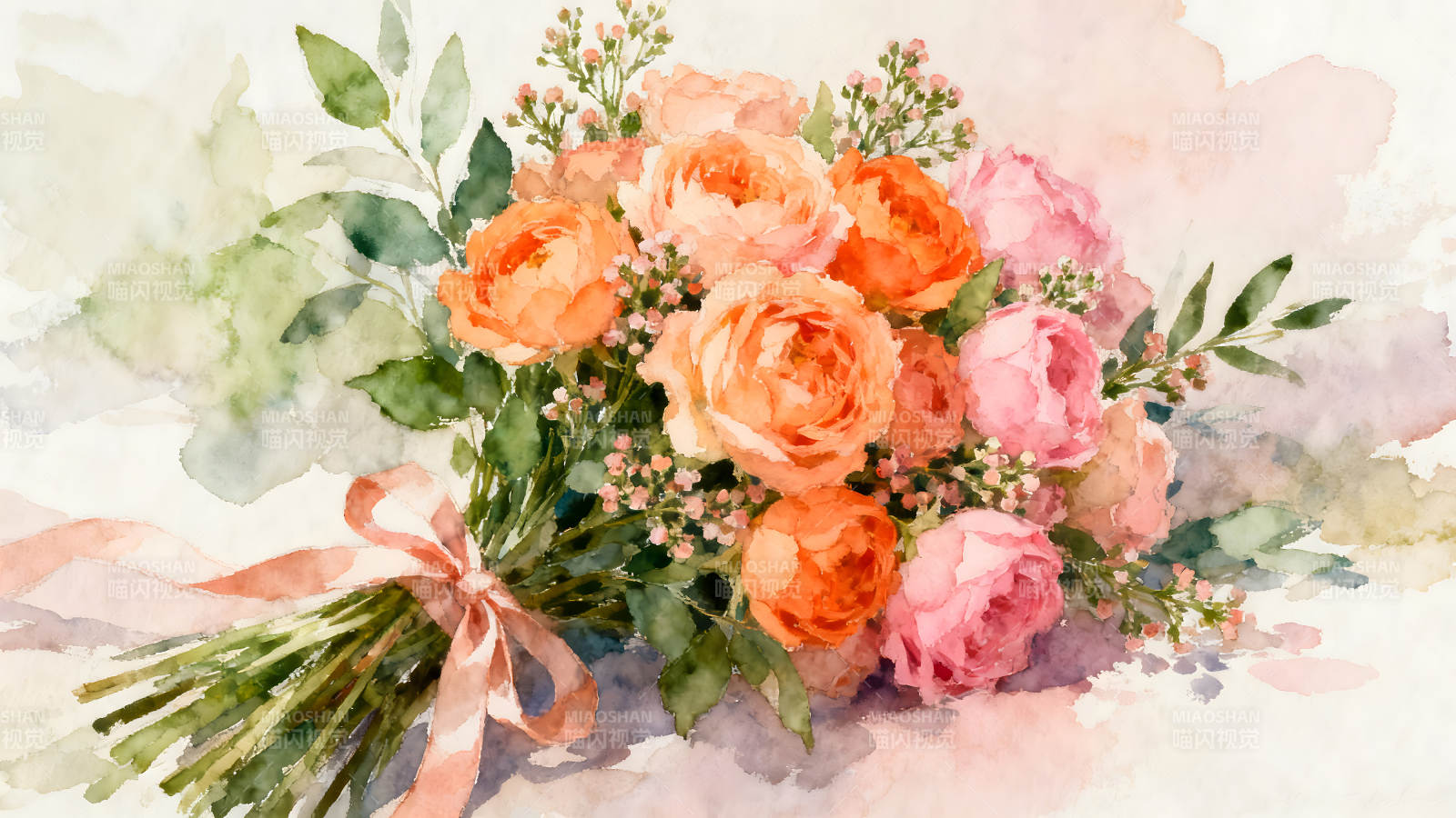 水彩玫瑰花束色彩鲜艳-图片