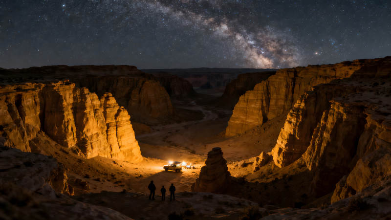 峽谷星空下的營地燈光-圖片