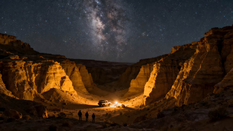 峽谷星空下的露營地-圖片