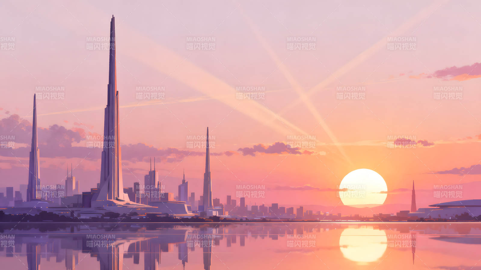 未来城市落日美景倒影辉映-图片