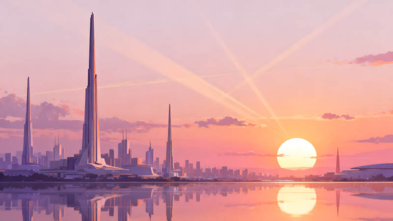 未來城市落日美景倒影輝映-圖片