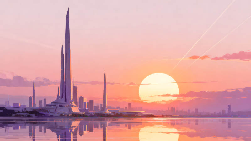 未來城市夕陽景象平靜而美麗-圖片