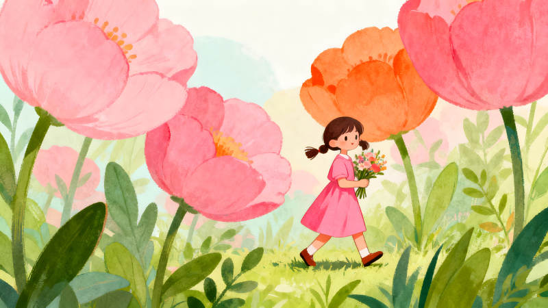 女孩在花叢中漫步手捧鮮花-圖片