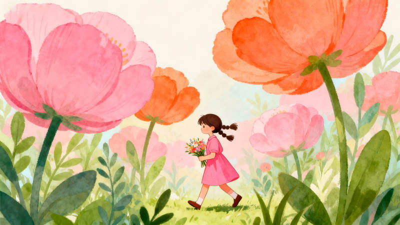 女孩花叢中漫步-圖片