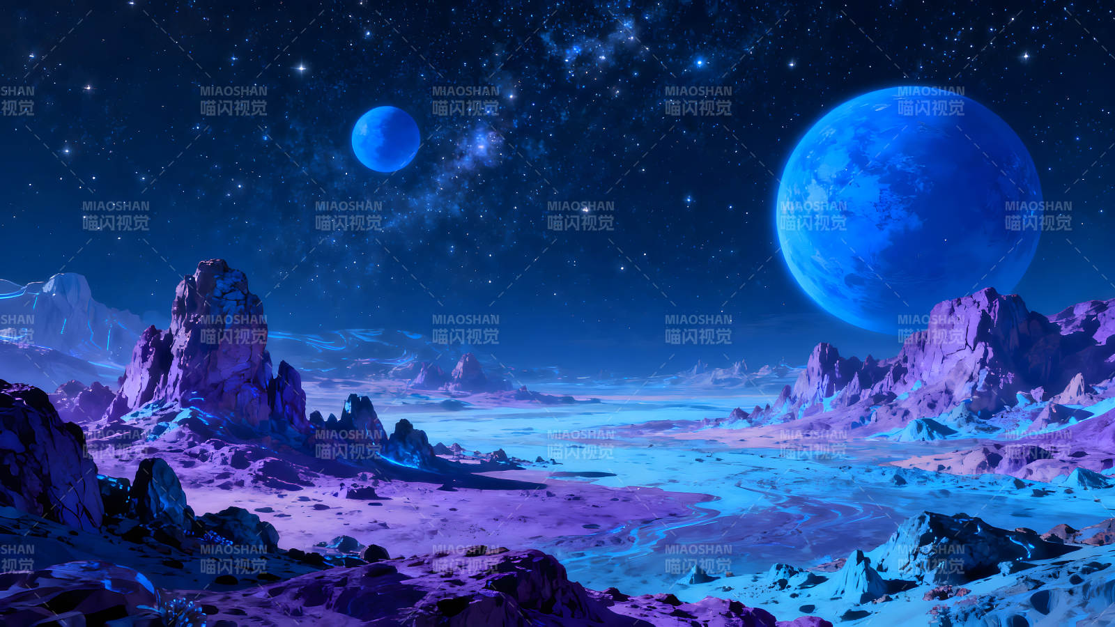 异星奇观夜空下的行星地貌-图片