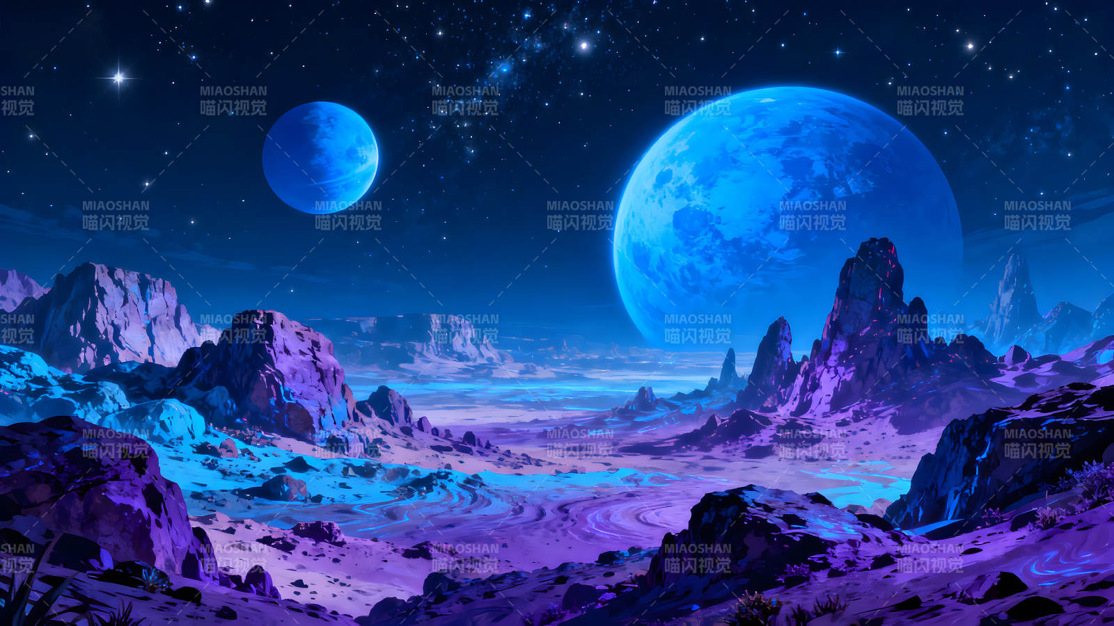 宇宙星球奇幻風景藍色星球映襯下的奇特地貌-圖片