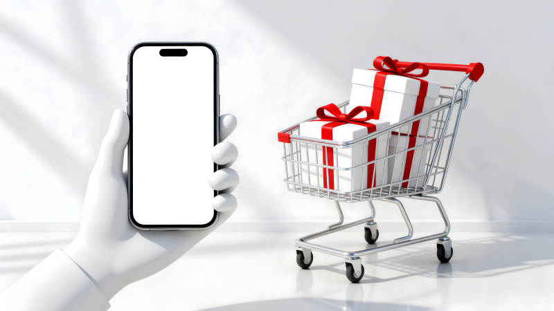 手機購物與禮品車購物概念圖-圖片
