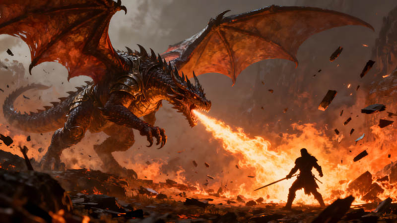 巨龙喷火勇士持剑对峙-图片