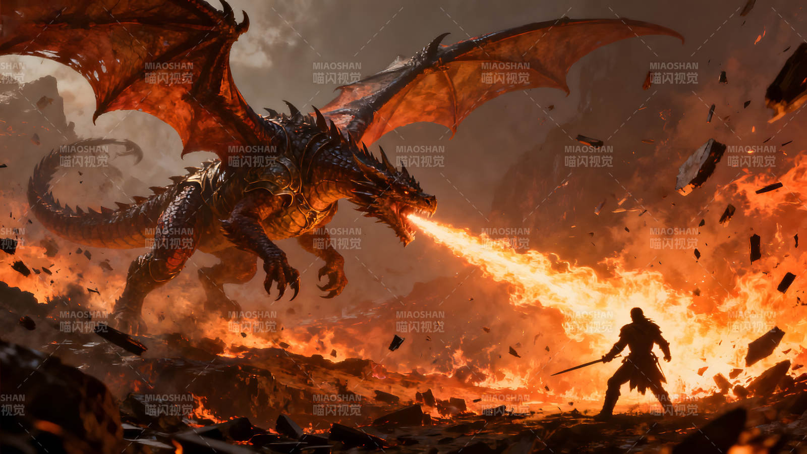 巨龙喷火勇士持剑对峙-图片