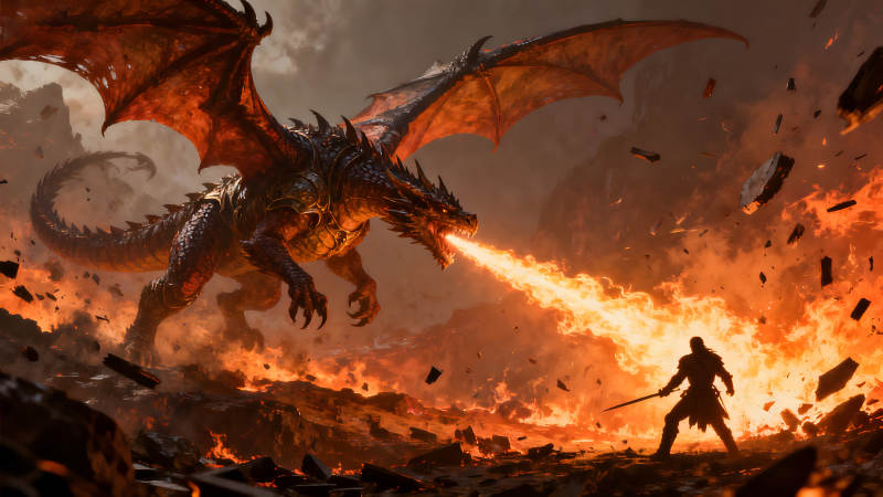 巨龙喷火勇士持剑对峙-图片