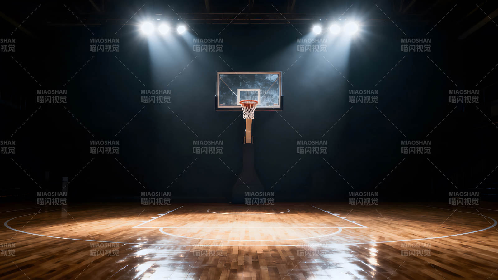 篮球场聚光灯下的篮筐-图片