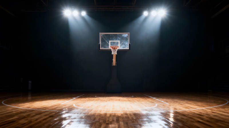 籃球場聚光燈下的籃筐-圖片