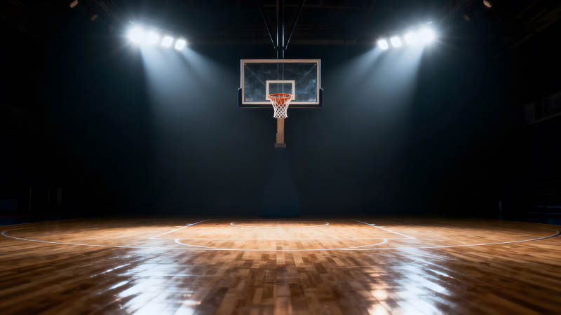 籃球場聚光燈下的籃筐-圖片