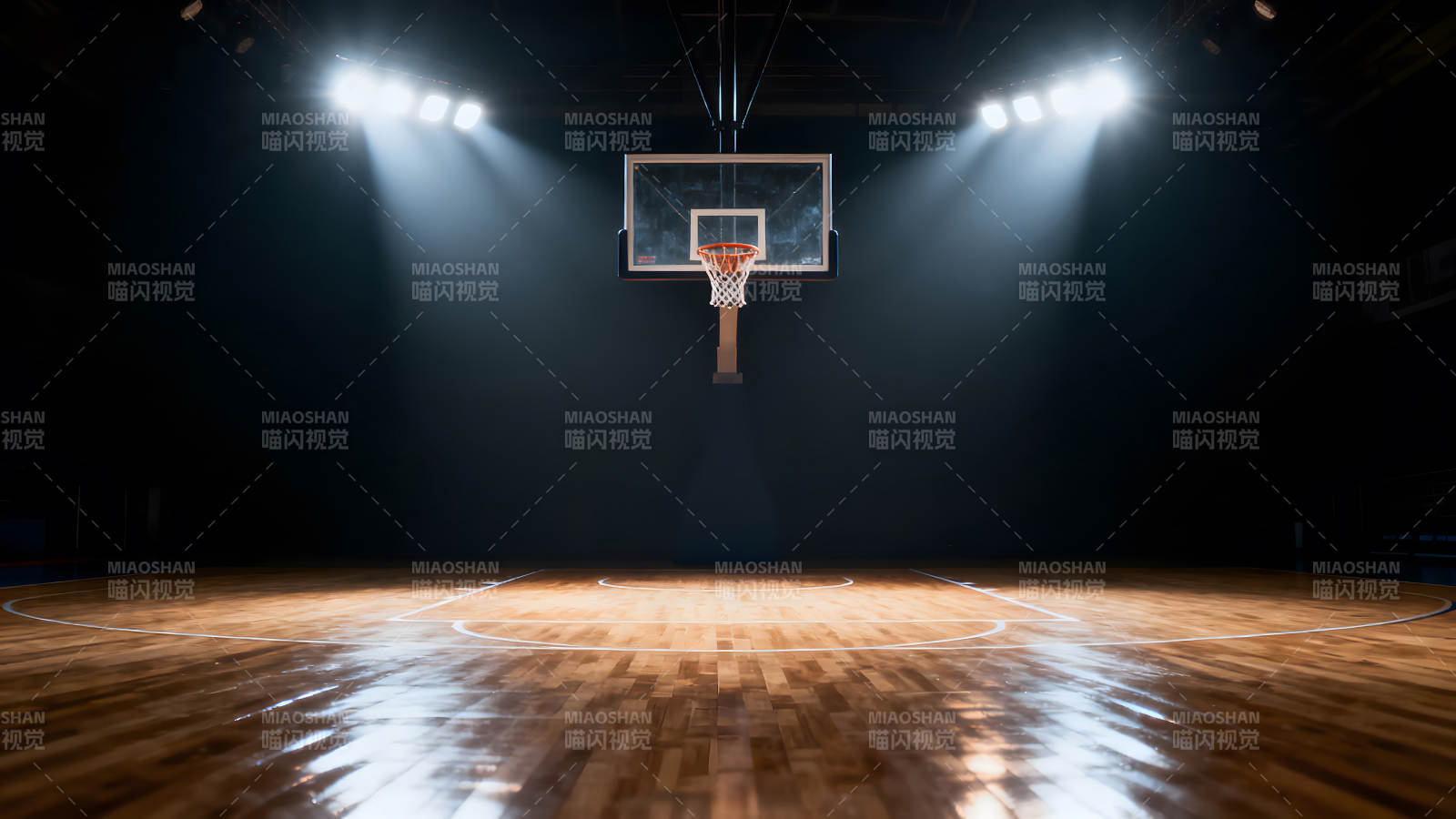 篮球场聚光灯下的篮筐-图片