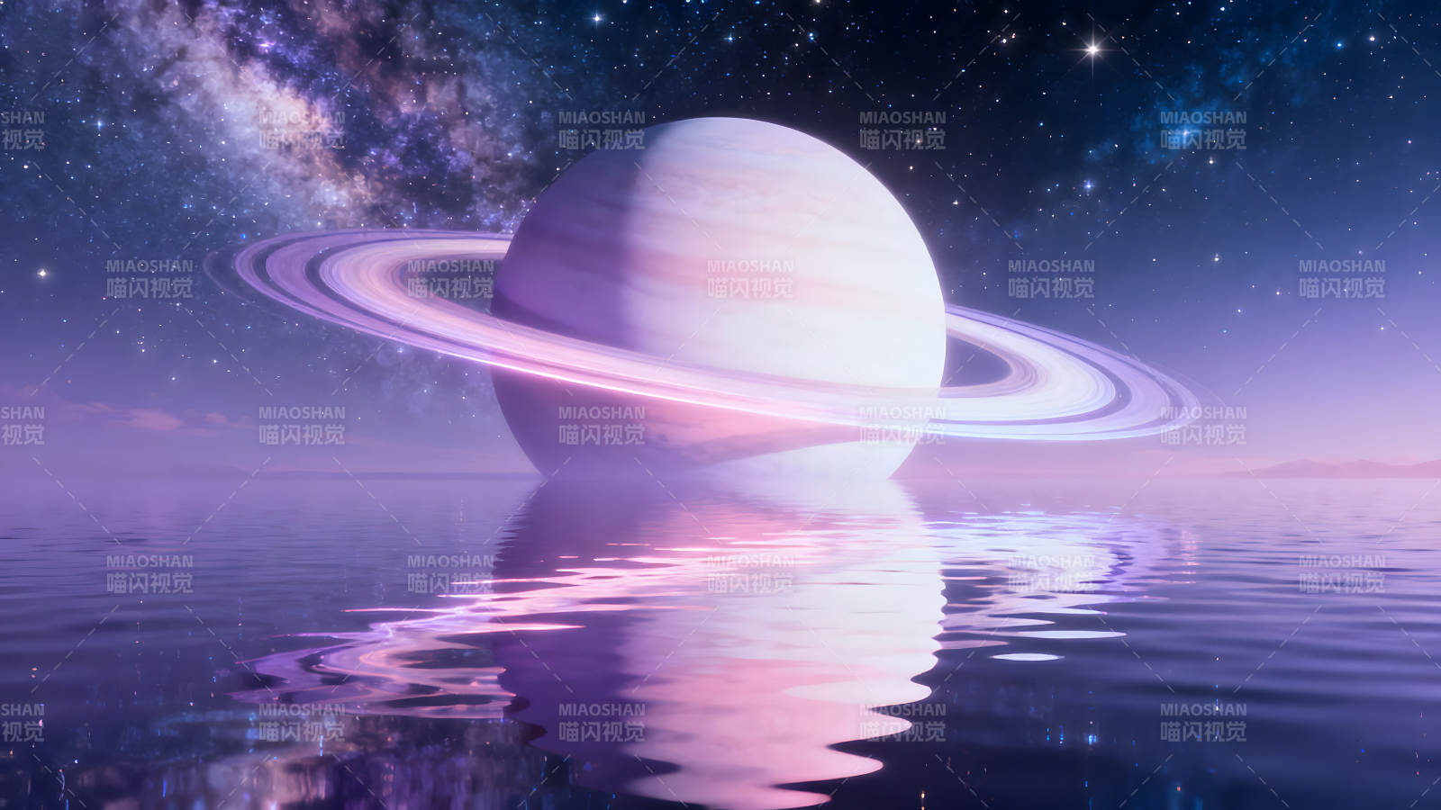 星空环绕行星水面梦幻倒影-图片